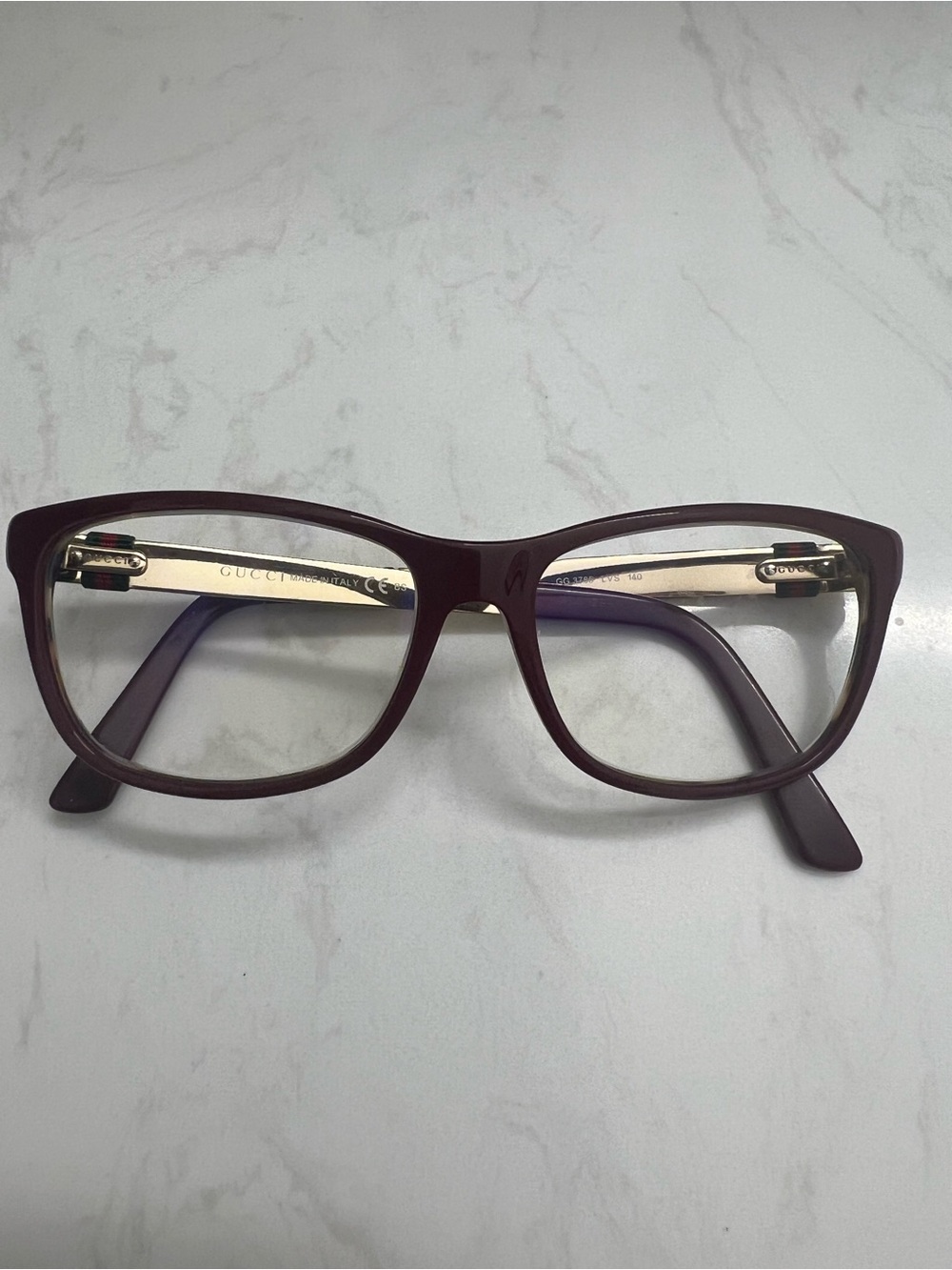 Gucci GG 3765 LVS Women’s Rectangular Eyeglasses, Burgundy/Gold, 140 mm temples